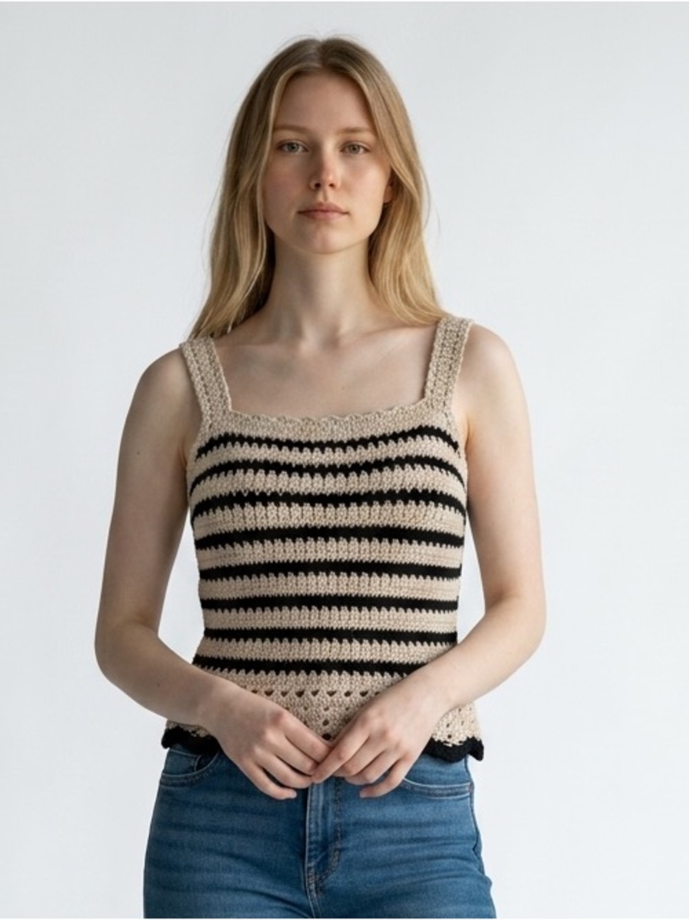 Madewell Beige and Black Crochet Stripe tank